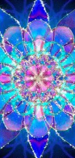 Vibrant mandala pattern with blue and purple kaleidoscope effect.