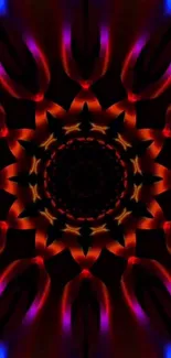 Colorful mandala kaleidoscope wallpaper in red, purple, and black.