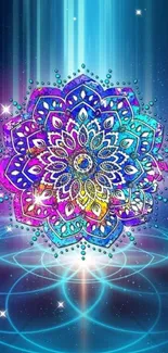 Vibrant mandala design in blue hues for mobile wallpaper.