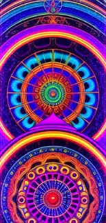 Vibrant neon mandala wallpaper with circular patterns in bold colors.