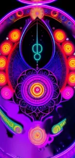 Vibrant neon mandala wallpaper with purple, orange, and pink colors.