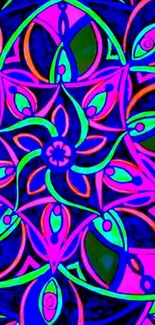 Neon mandala design with vibrant colors and intricate patterns.