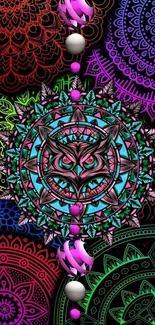 Colorful mandala owl wallpaper with vibrant patterns.