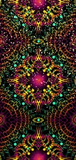 Vibrant mandala pattern wallpaper with neon colors and intricate design.