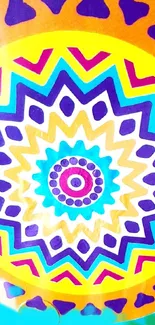 Vibrant mandala design with colorful geometric shapes on a phone wallpaper.