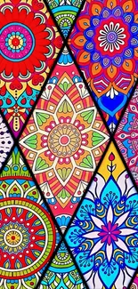 Vibrant colorful mandala pattern wallpaper with geometric designs.