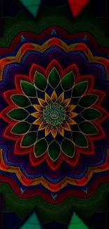 A vibrant mandala pattern featuring rich green, red, and purple hues.