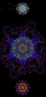 Colorful mandala phone wallpaper with psychedelic patterns on a black background.