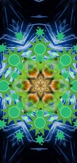 Colorful mandala with green and blue tones forming a vibrant geometric design.