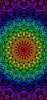 Vibrant mandala pattern wallpaper with rainbow hues.