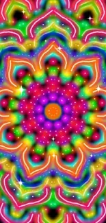 Vibrant neon mandala pattern on black background.