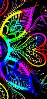 Vibrant mandala design with colorful patterns on a black background.