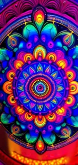 Colorful mandala design with vibrant patterns on a mobile wallpaper.