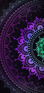 Colorful mandala phone wallpaper with purple and teal pattern.