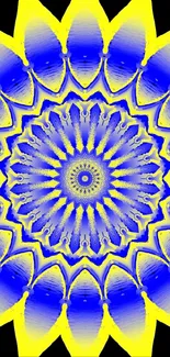 Vibrant blue and yellow mandala phone wallpaper.