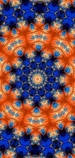 Vibrant mandala wallpaper with blue and orange patterns.