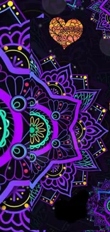 Vibrant mandala wallpaper with purple and teal intricate designs for phone screen.