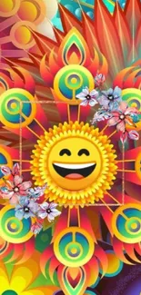 Cheerful sun in vibrant mandala design with colorful patterns.