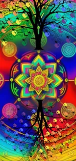 Colorful mandala wallpaper with vibrant rainbow hues and intricate designs.