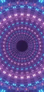 Neon mandala tunnel with vibrant purple hues, ideal for phone wallpaper.