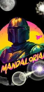 Vibrant Mandalorian wallpaper with cosmic theme and colorful elements.