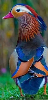 Vibrant Mandarin duck standing on grass with a blurred natural background.