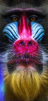 Close-up of a colorful mandrill face with vibrant colors.