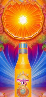 Vibrant orange and blue wallpaper featuring mango drink art and floral elements.