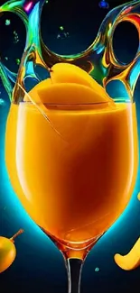 Bright mango juice splash with vibrant colors in a glass.