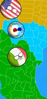 Countryballs on a colorful map wallpaper for mobile phones.