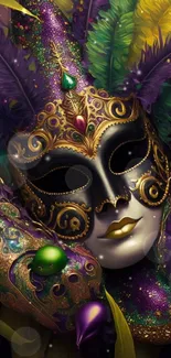 Colorful Mardi Gras mask with feathers and intricate details.