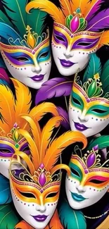 Colorful masks with feathers in Mardi Gras theme.