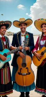 Mexican mariachi trio with guitars in vibrant traditional attire.