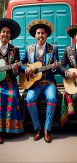 Three mariachi musicians playing guitars in traditional vibrant attire.