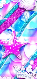 Colorful marine fantasy wallpaper with starfish and seashells.