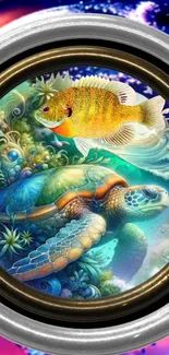 Vibrant artwork of a fish and turtle in ocean.