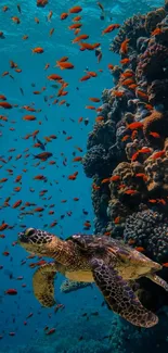 Underwater scene with a sea turtle and colorful coral.