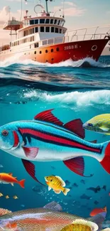 Colorful fish swimming under a ship in an ocean wallpaper.