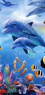 Vibrant underwater scene with dolphins and colorful fish.