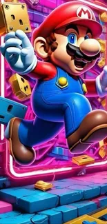 Vibrant Mario jumping with neon colors.