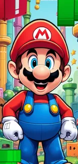 Mario character in a colorful cartoon adventure background.