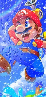 Vibrant Mario jumps with water splash under a bright blue sky.