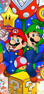 Colorful Mario Bros wallpaper with vibrant design for mobile devices.