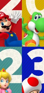 Mario characters in red, green, yellow, blue vibrantly displayed on a mobile wallpaper.