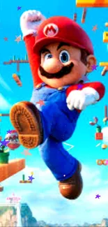 Colorful Mario jumping in vibrant game world.