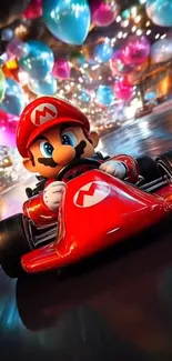 Mario in a kart racing with colorful balloons in a vibrant scene.