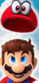 Colorful Mario wallpaper with blue sky background.