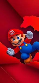 Mario jumping through a red background in a dynamic mobile wallpaper.