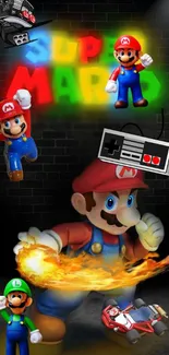 Colorful Mario wallpaper with neon lights and classic characters.