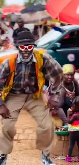 A lively dance scene in a colorful market setting with joyful interactions.